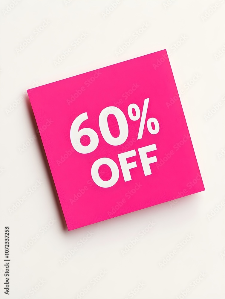 White '60% OFF' Text on a Fuchsia Square Paper Note. White Background White '60% OFF' Text on a Fuchsia Square Paper Note. White Background