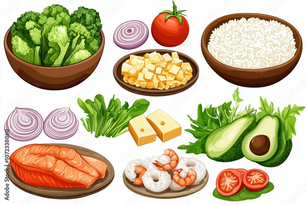 Fresh ingredients assortment: broccoli, salmon, shrimp, avocado, rice, cheese Fresh ingredients assortment: broccoli, salmon, shrimp, avocado, rice, cheese