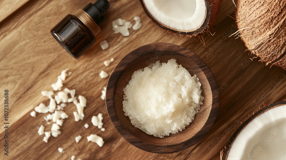 Coconut Scrub in a Wooden Bowl on a Wooden Surface Coconut Scrub in a Wooden Bowl on a Wooden Surface