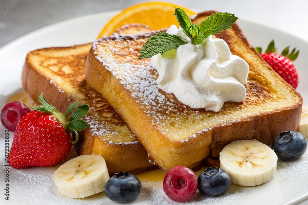 a delightful plate of food with golden-brown slices of French toast a delightful plate of food with golden-brown slices of French toast