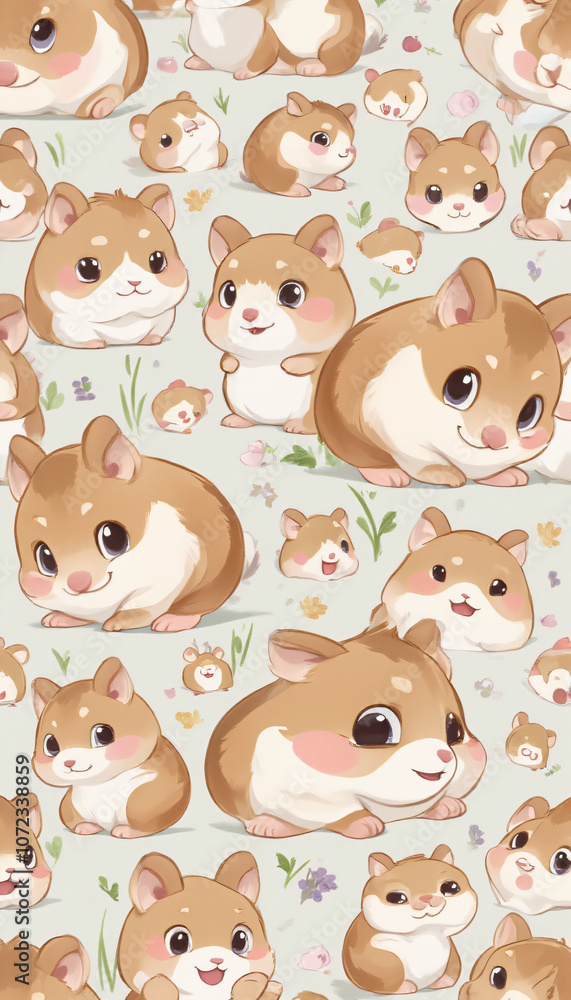 Cartoon Hamsters Snuggling in a Whimsical Pastel Pattern Cartoon Hamsters Snuggling in a Whimsical Pastel Pattern