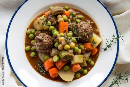 a plate with a vegetable stew containing meatballs and sauce