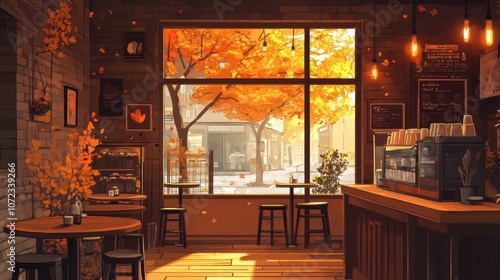 autumn night cafe wood interio twitch zoom vtuber asset obs screen anime chill hip stream overlay loop background interior of a coffee shop woodsy aesthetic during fall orange tones