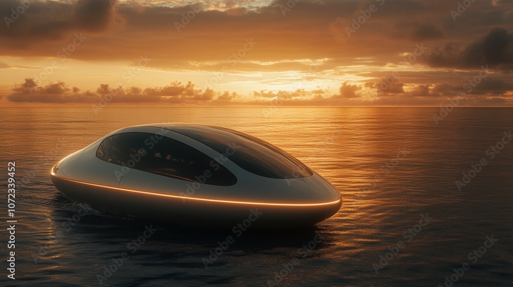 A futuristic vehicle glides effortlessly on serene waters at sunset, merging technology with nature's beauty. A futuristic vehicle glides effortlessly on serene waters at sunset, merging technology with nature's beauty.