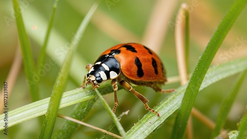 A Ladybug / Ladybird clinging to some grass. photo