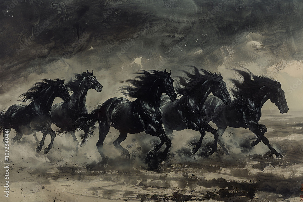 Fototapeta premium Photograph of a herd or band consisting of black horses galloping across the dust in the foreground