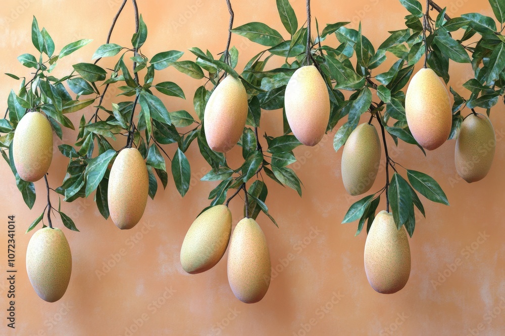 Ripe yellow mangoes hanging from lush green leaves Ripe yellow mangoes hanging from lush green leaves