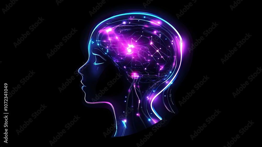 High-tech profile of an AI-enhanced human head, with neon neural networks and digital circuit details symbolizing artificial intelligence. High-tech profile of an AI-enhanced human head, with neon neural networks and digital circuit details symbolizing artificial intelligence.
