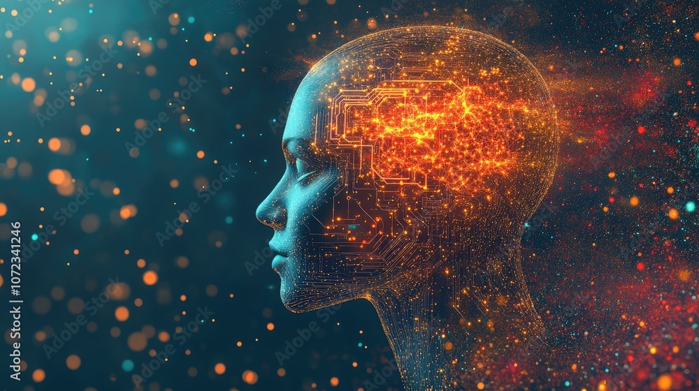 High-tech profile of an AI-enhanced human head, with neon neural networks and digital circuit details symbolizing artificial intelligence. High-tech profile of an AI-enhanced human head, with neon neural networks and digital circuit details symbolizing artificial intelligence.