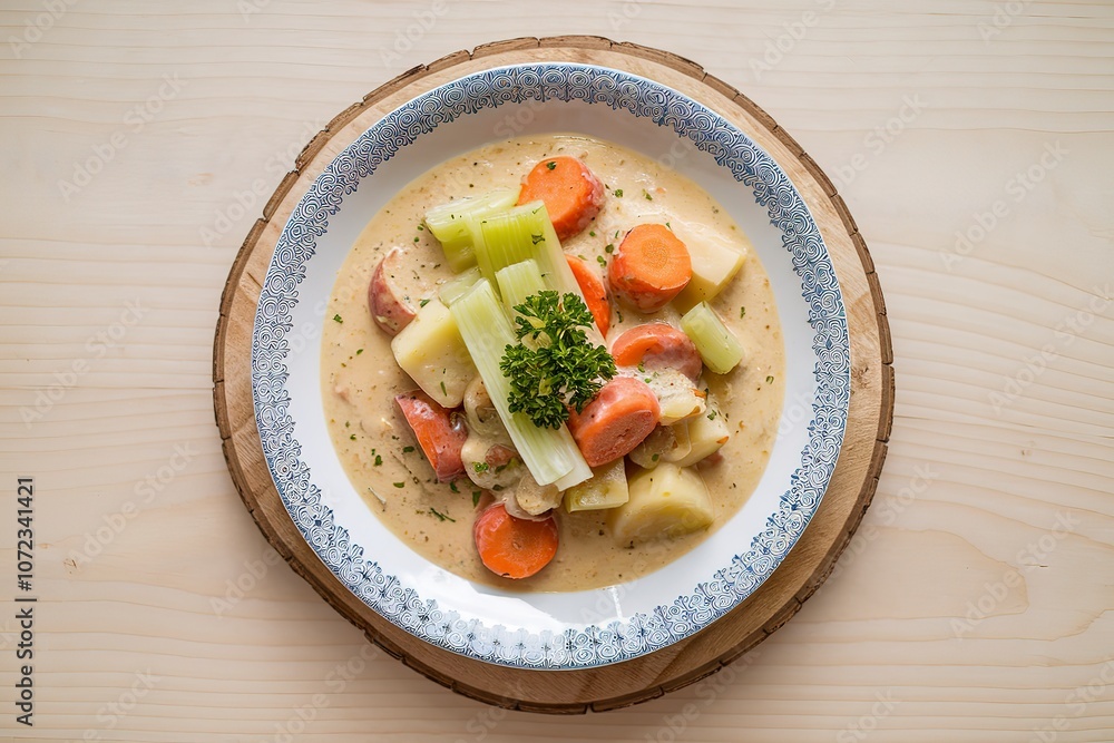 a plate with a creamy vegetable stew and sauce a plate with a creamy vegetable stew and sauce