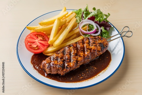 a plate with a Grilled Adana kebab in a rich, dark sauce, served with fries photo