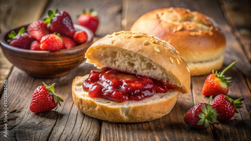 A freshly baked bun filled with a generous dollop of vibrant red strawberry jam, surrounded by plump ripe strawberries and a rustic wooden backdrop. A freshly baked bun filled with a generous dollop of vibrant red strawberry jam, surrounded by plump ripe strawberries and a rustic wooden backdrop.
