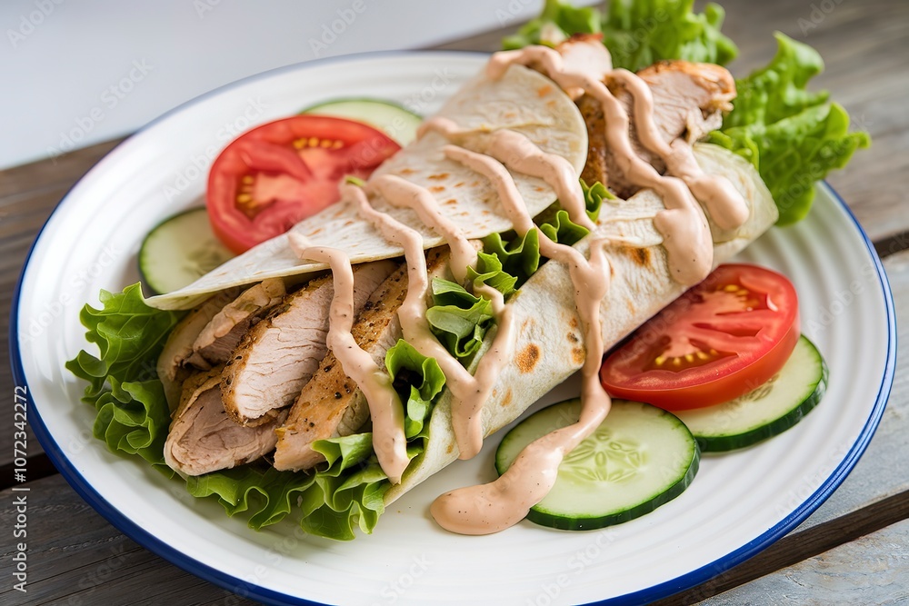 a chicken wrap with lettuce, sliced tomato, and cucumber on a plate. a chicken wrap with lettuce, sliced tomato, and cucumber on a plate.