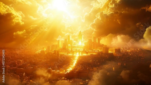 From the heavens descends the New Jerusalem made of gold, descend of God according to Bible. God calls His people to gather, as the divine city touches the earth.	