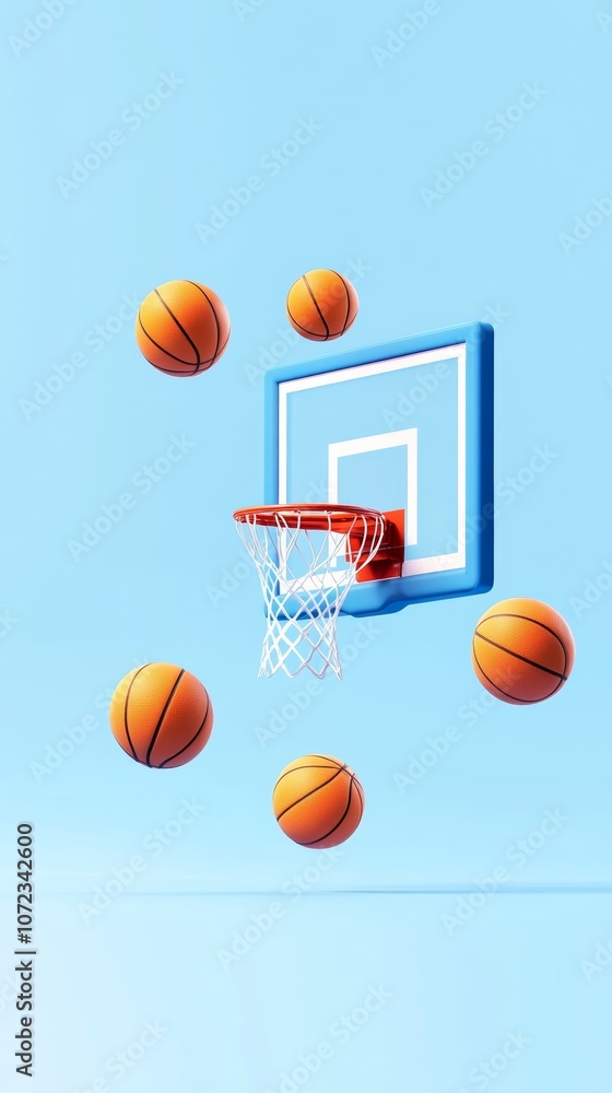 A vibrant basketball goal surrounded by hovering basketballs , illustrating the joy of the game A vibrant basketball goal surrounded by hovering basketballs , illustrating the joy of the game