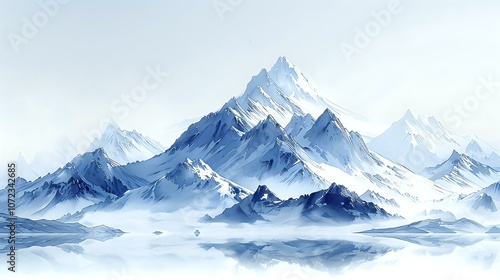 A stunning watercolor illustration of snow-covered mountains rising above a misty valley, capturing the serene beauty of winter landscapes. Perfect for nature and design themes.