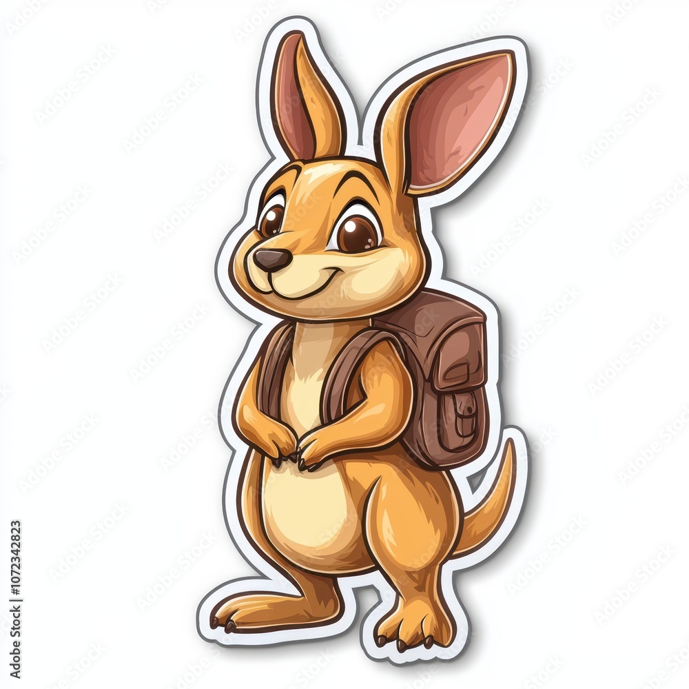 Fototapeta premium Cute Kawaii Kangaroo with Backpack Sticker, Perfect for Concepts of Adventure, Travel, and Cartoon Animals