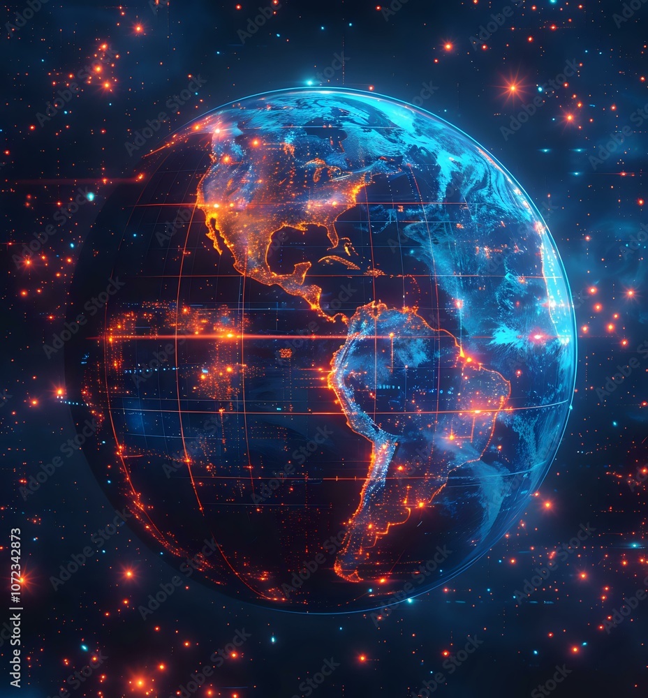 A glowing digital representation of Earth with highlighted continents and data streams in blue and orange hues, symbolizing global technology and connectivity. Ideal for tech and innovation themes. A glowing digital representation of Earth with highlighted continents and data streams in blue and orange hues, symbolizing global technology and connectivity. Ideal for tech and innovation themes.