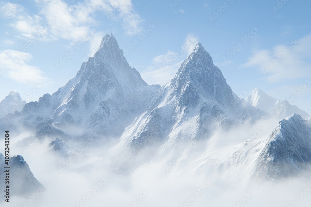 Obraz premium Early Morning Fog Over Mountain Peaks at Dawn