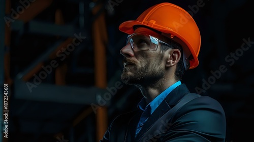 Professional male engineer in business suit and orange safety helmet inspecting industrial facility during night shift, wearing protective glasses for workplace safety. photo