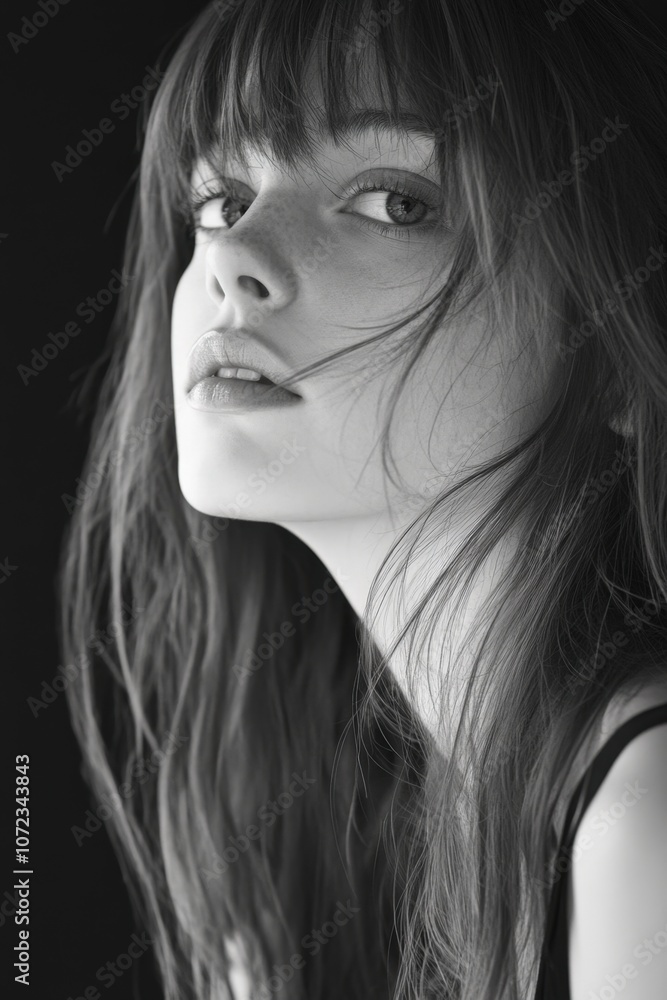 Pensive woman with flowing hair in black and white portrait Pensive woman with flowing hair in black and white portrait