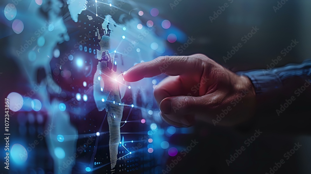 A hand pointing at a glowing digital map with blue and red illuminated nodes and connections. Perfect for themes of global technology, connectivity, and innovation. A hand pointing at a glowing digital map with blue and red illuminated nodes and connections. Perfect for themes of global technology, connectivity, and innovation.