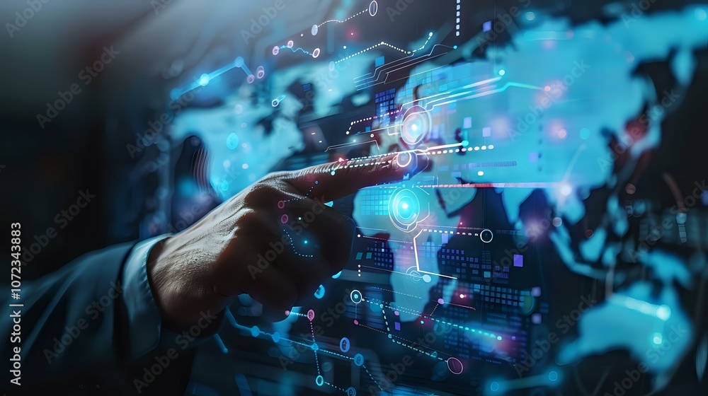 A hand pointing at a glowing digital world map with blue illuminated connections and data overlays. Perfect for themes of global connectivity, technology, and innovation. A hand pointing at a glowing digital world map with blue illuminated connections and data overlays. Perfect for themes of global connectivity, technology, and innovation.