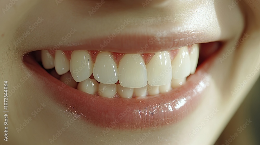 Fototapeta premium Radiant close-up of young woman white teeth, smiling confidently, ideal for dental health themes.