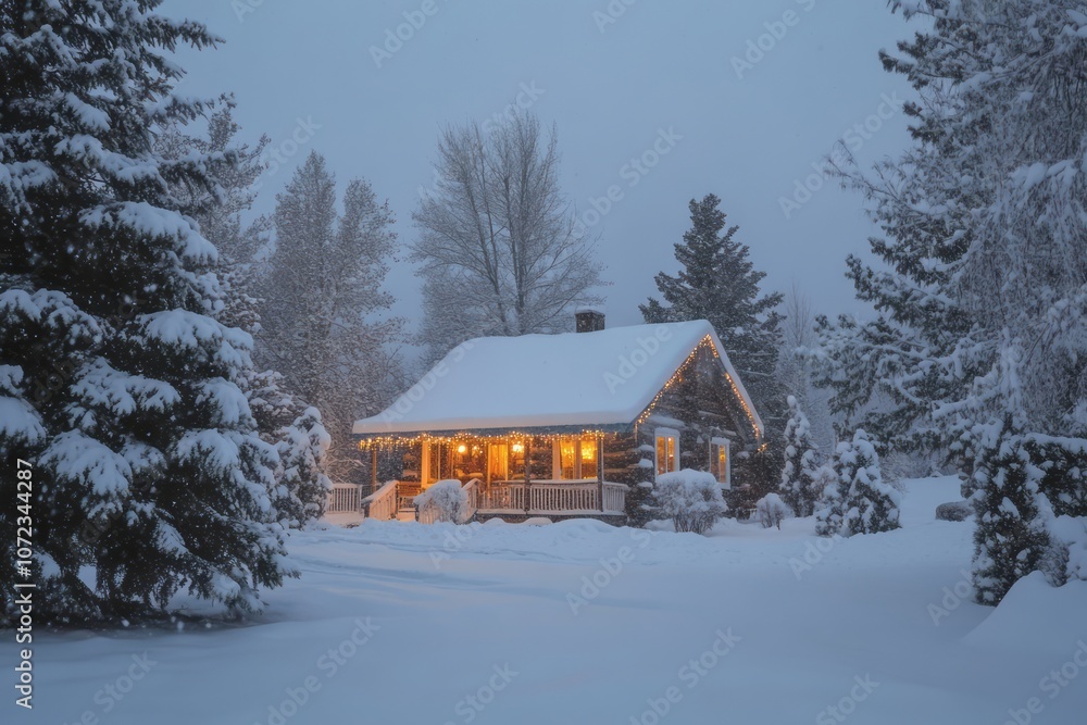A Cozy Cabin Lit Up with String Lights in a Snowy Winter Wonderland A Cozy Cabin Lit Up with String Lights in a Snowy Winter Wonderland