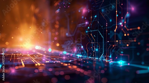 Futuristic digital circuit board glowing with vibrant neon colors, blending purple, blue, and orange lights. Ideal for themes of technology, innovation, and modern connectivity.