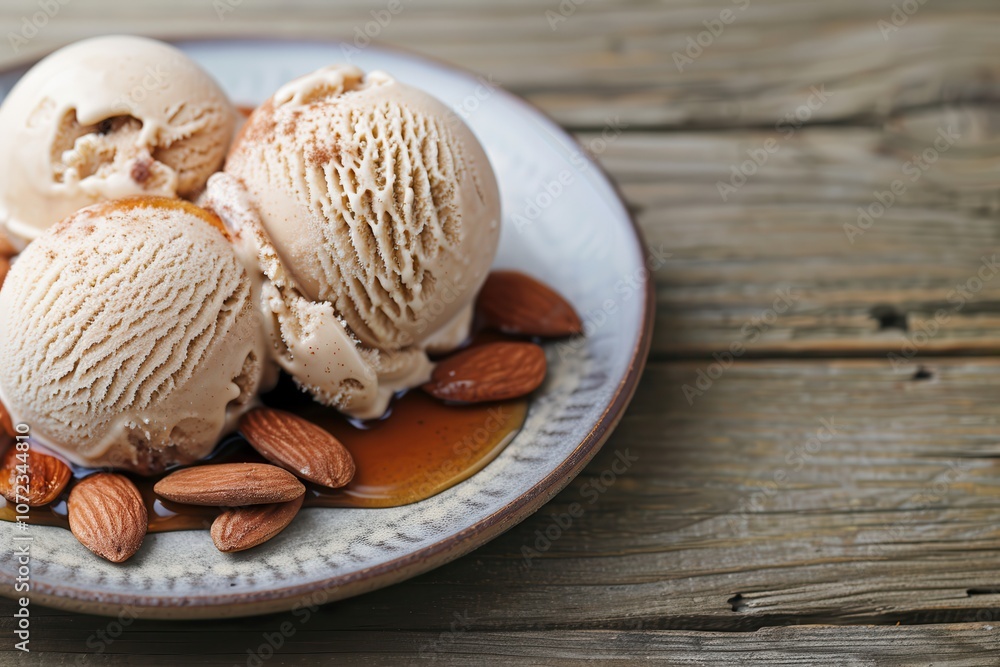 Creamy ice cream scoops topped with almonds, served on a rustic plate, perfect for dessert lovers. Creamy ice cream scoops topped with almonds, served on a rustic plate, perfect for dessert lovers.
