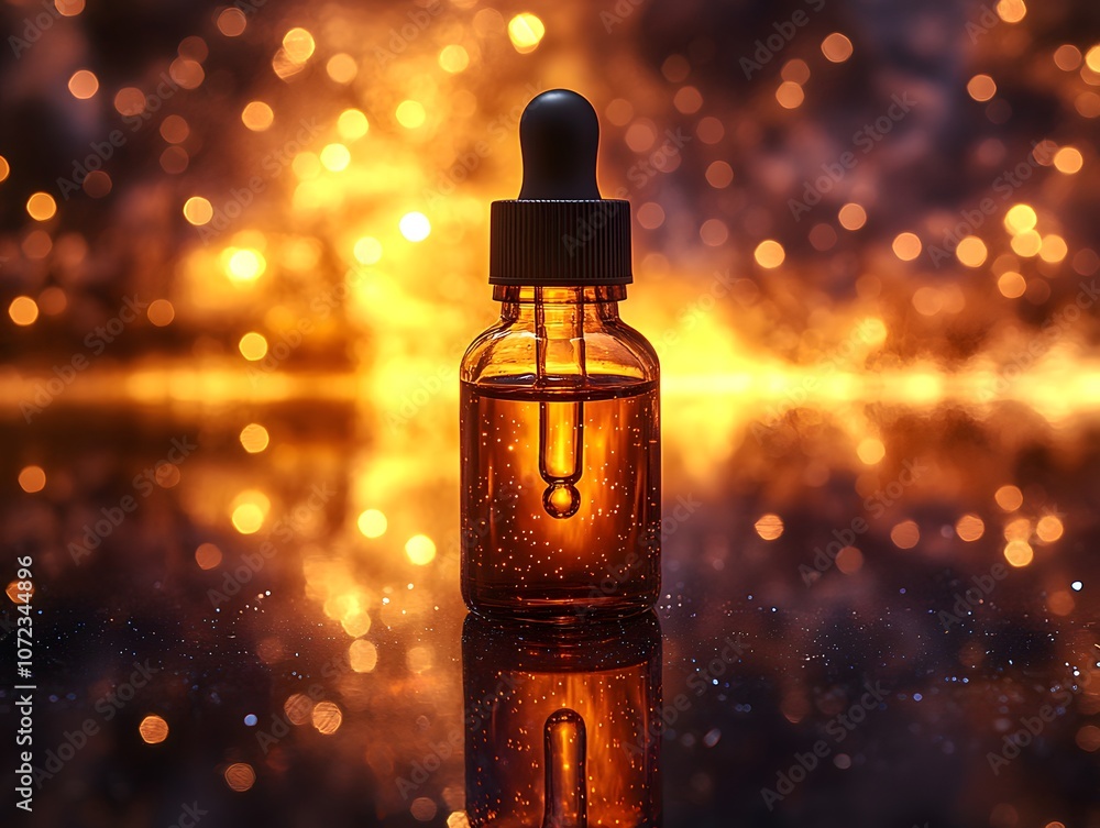 Amber Glass Bottle with Dropper Against Glittering Background Amber Glass Bottle with Dropper Against Glittering Background