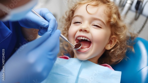 Happy child at the dentist's office with mouth open during a dental checkup with a dental mirror.