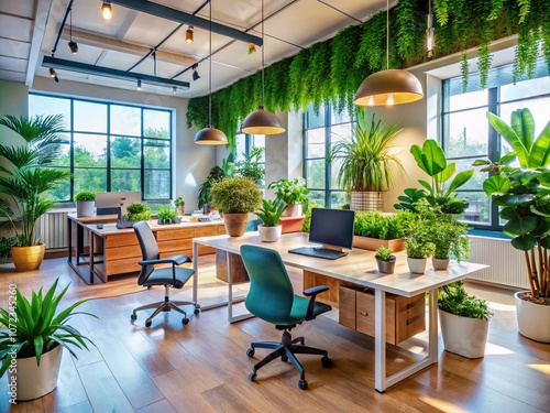 Surreal Modern Minimalist Office Interior with Eco-Friendly Elements and Potted Plants for Startup Business Comfort and Aesthetic Appeal