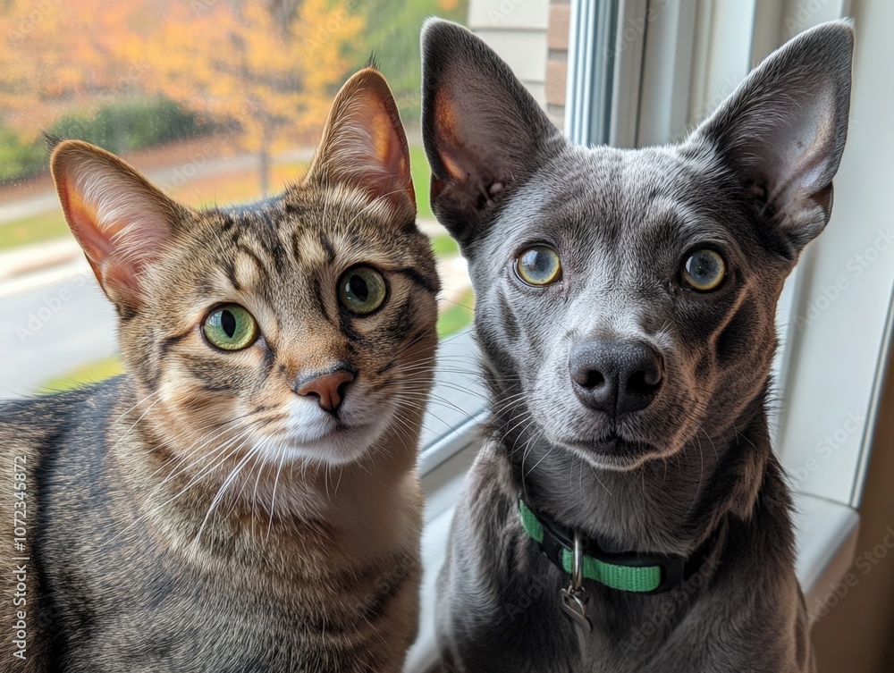 Curious cat and dog looking out window Curious cat and dog looking out window