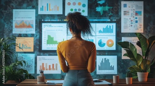 Woman presenting social media analytics in an open-plan workspace, displaying growth metrics; digital marketing strategies, creative brainstorming; women in social tech and media analysis 