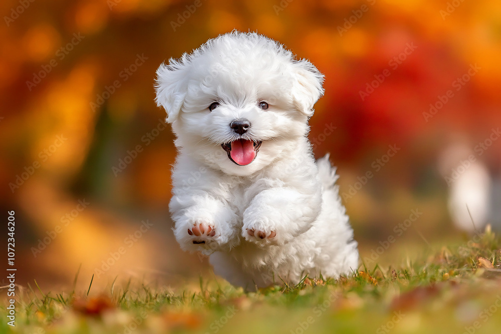 A playful white puppy joyfully leaps through a colorful autumn landscape. A playful white puppy joyfully leaps through a colorful autumn landscape.