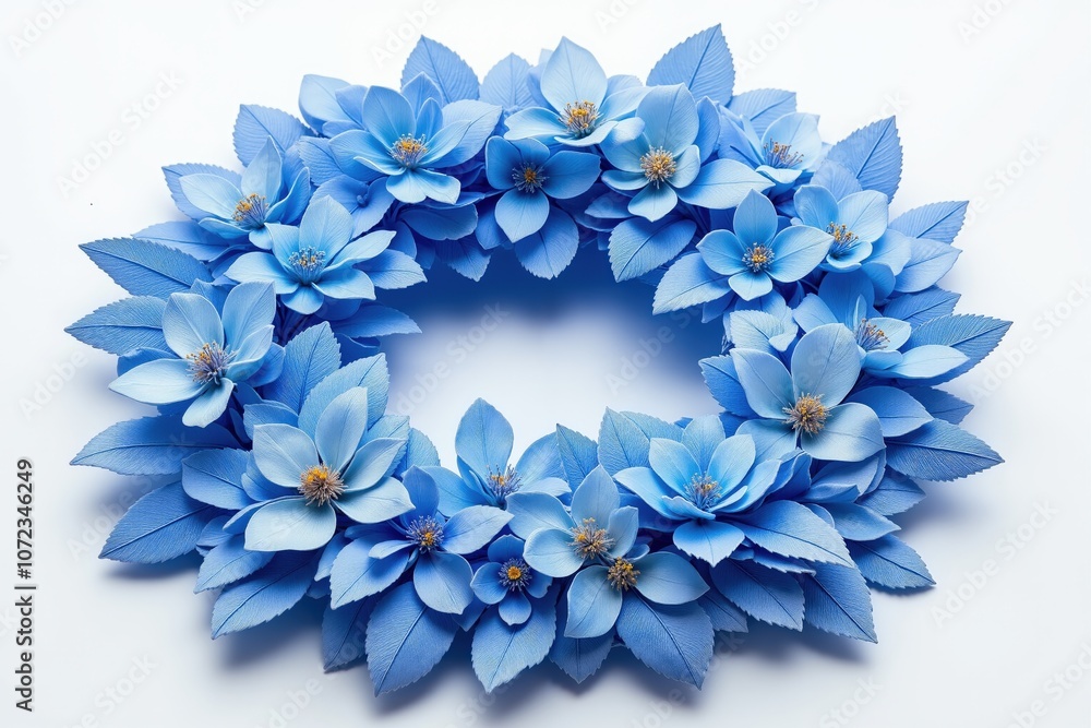 Vibrant blue floral wreath with detailed petals on white background. Vibrant blue floral wreath with detailed petals on white background.