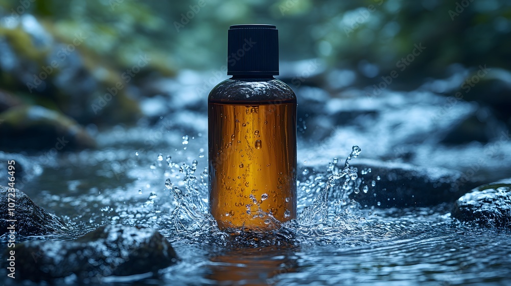 Glass Bottle on Water with Splash in Nature Setting Glass Bottle on Water with Splash in Nature Setting