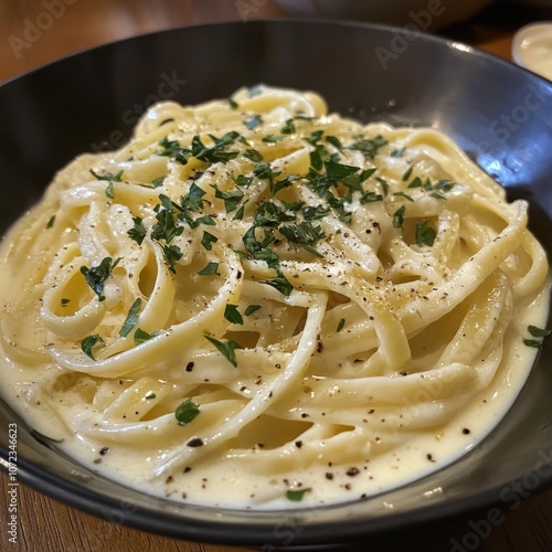 Rich and creamy Alfredo sauce coats delicate fettuccine pasta, finished with a sprinkle of fresh herbs.