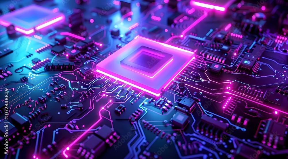 Futuristic circuit board with glowing neon pink and blue highlights, showcasing advanced microchip technology. Perfect for concepts like AI, innovation, and digital design. Futuristic circuit board with glowing neon pink and blue highlights, showcasing advanced microchip technology. Perfect for concepts like AI, innovation, and digital design.