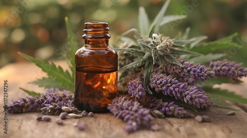 CBD oil bottle surrounded by cannabis buds and lavender, symbolizing natural and holistic wellness benefits.