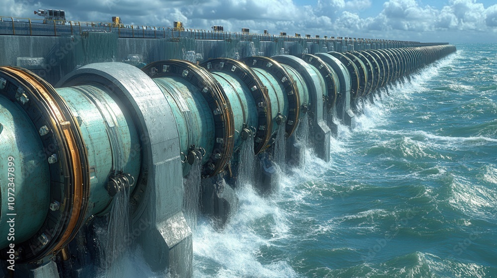 Fototapeta premium A powerful tidal energy station harnessing ocean waves, showcasing innovative technology in sustainable energy production.