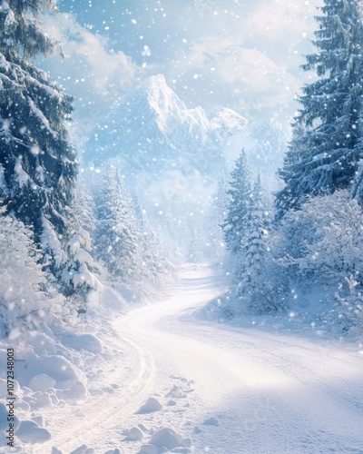 Wintery path through snow-covered trees leading towards mountains, peaceful outdoor scenery, frosty nature, serene winter setting