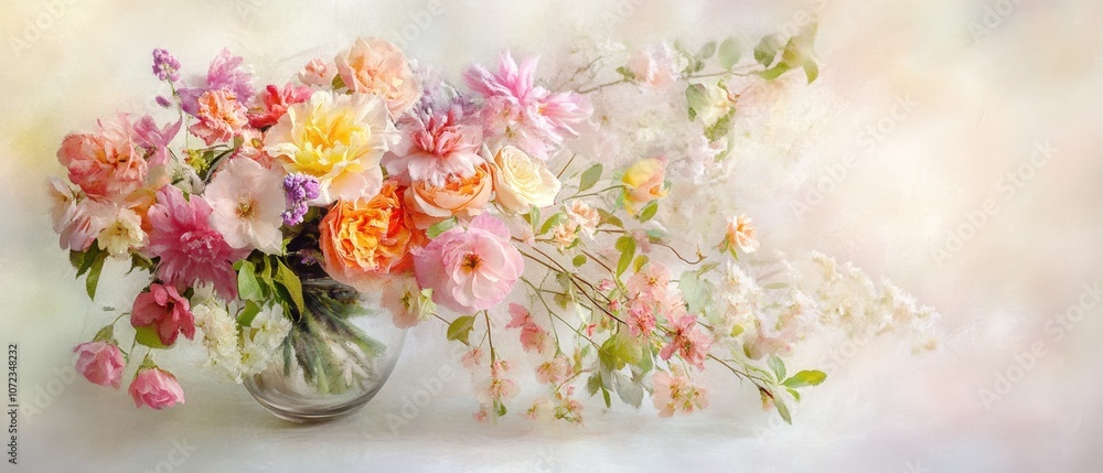 Vibrant bouquet of colorful flowers in a glass vase Vibrant bouquet of colorful flowers in a glass vase