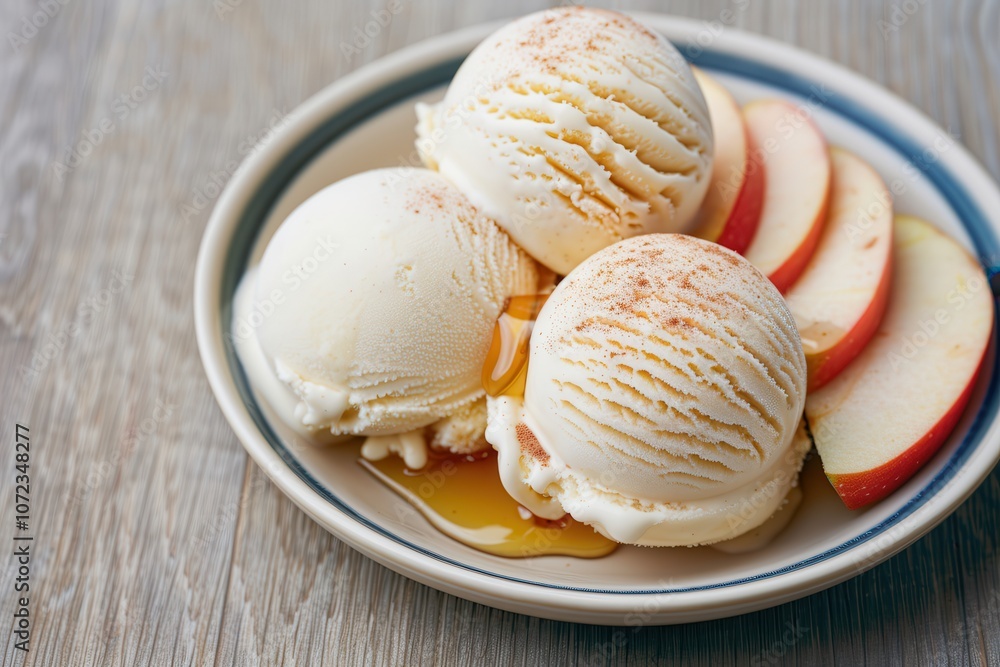 A delicious bowl of vanilla ice cream scoops served with fresh apple slices and drizzled with syrup on a rustic wooden table. A delicious bowl of vanilla ice cream scoops served with fresh apple slices and drizzled with syrup on a rustic wooden table.