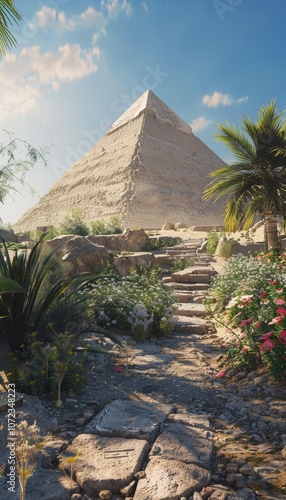 Breathtaking view of egyptian pyramids under bright sunlight with lush desert flora surroundings