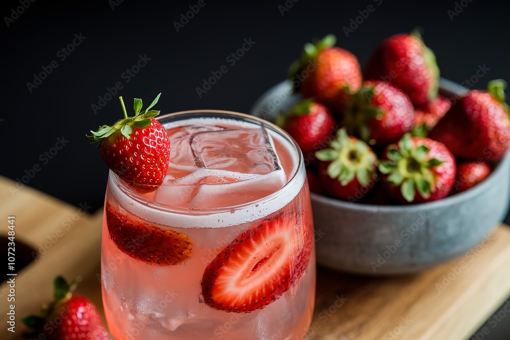 A close-up shot of a strawberry active carbon alcohol cocktail A close-up shot of a strawberry active carbon alcohol cocktail