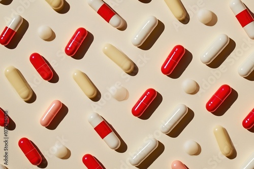 Colorful capsules and pills arranged on beige background, various shapes and sizes photo