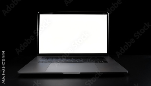 Laptop with white screen, isolated on a dark black